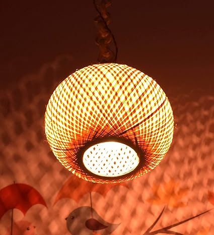 Hanging Bamboo Cane Lamp for Interior Decor, with Wire & Holder (Globe Design)