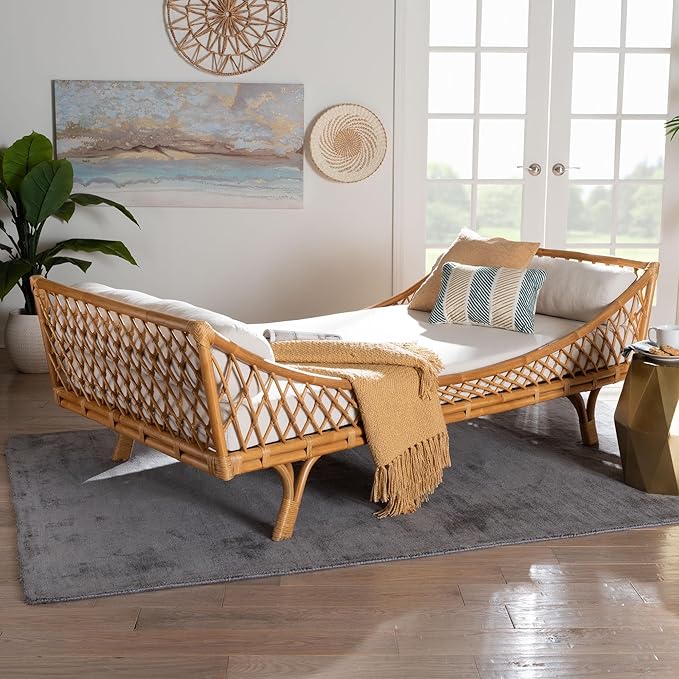 Handwoven Natural Rattan Daybed with Cushion – Boho Coastal Lounge Bed for Living Room, Bedroom, or Sunroom