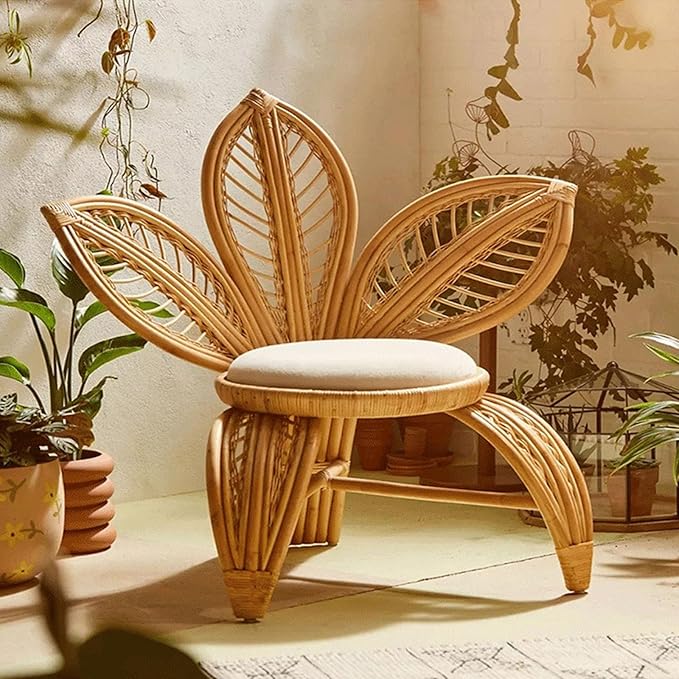 India Craft Lotus Rattan Chair | Handwoven Decorative Accent Chair | Natural Cane Boho Furniture for Living Room, Bedroom & Lounge