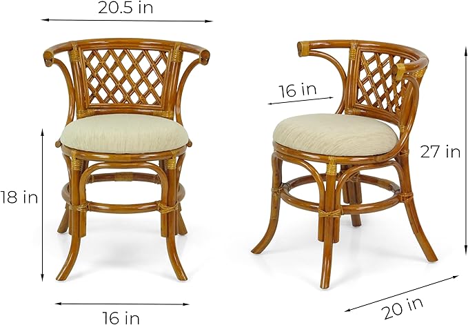 Dining Furniture INDIACRAFT Set of 2 Natural Rattan Chairs with Cream Cushion and Oval Table w/Glass, Cognac