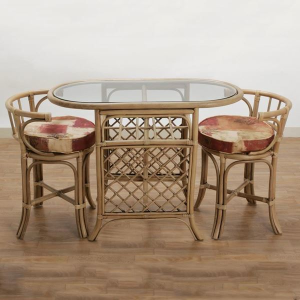 Dining Furniture INDIACRAFT Set of 2 Natural Rattan Chairs with Cream Cushion and Oval Table w/Glass, Cognac
