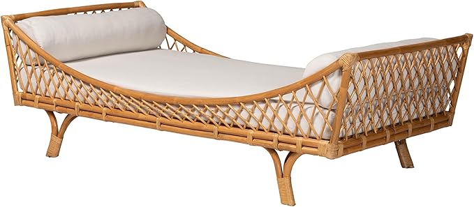 Handwoven Natural Rattan Daybed with Cushion – Boho Coastal Lounge Bed for Living Room, Bedroom, or Sunroom