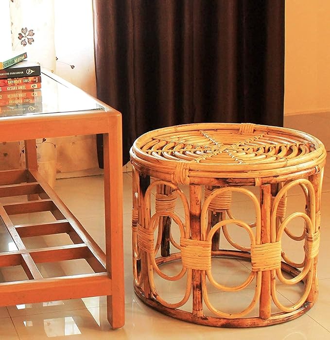 INDIA CRAFT Bamboo Round Side Table, Coffee Table, Tea Table for Home, Office, Living Room, (Glass not Included) Size 16"