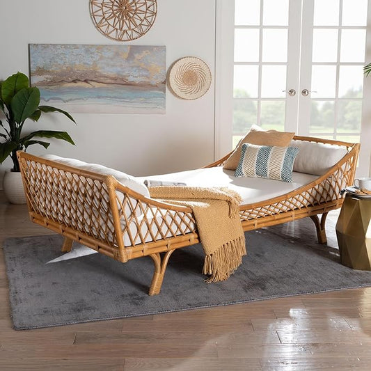 Handwoven Natural Rattan Daybed with Cushion – Boho Coastal Lounge Bed for Living Room, Bedroom, or Sunroom