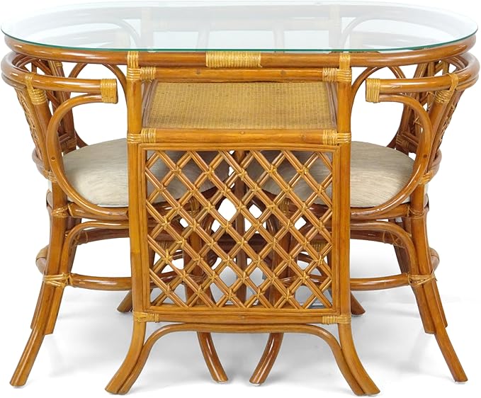 Dining Furniture INDIACRAFT Set of 2 Natural Rattan Chairs with Cream Cushion and Oval Table w/Glass, Cognac