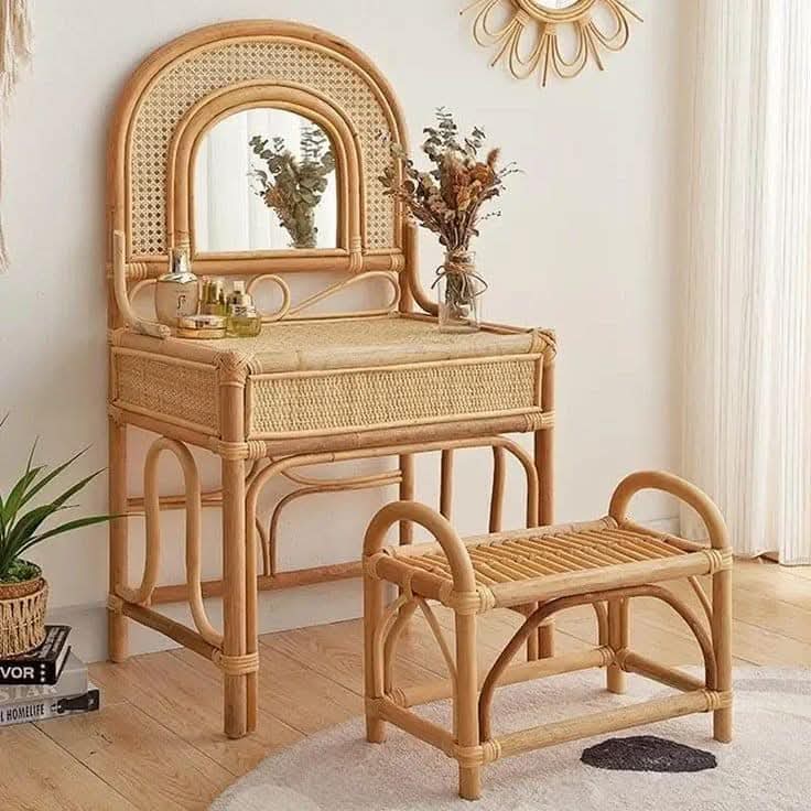 Eco FriendlyHandmade Rattan Woven Dressing Table with Mirror