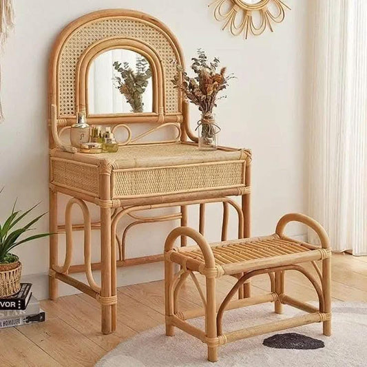 Eco FriendlyHandmade Rattan Woven Dressing Table with Mirror