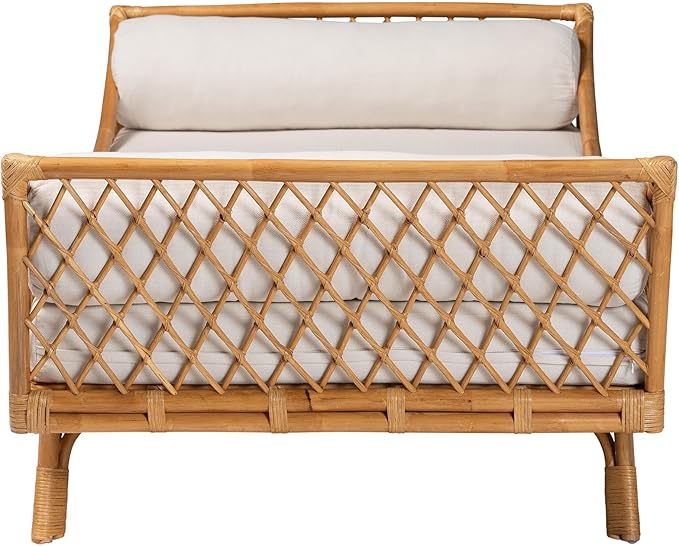 Handwoven Natural Rattan Daybed with Cushion – Boho Coastal Lounge Bed for Living Room, Bedroom, or Sunroom